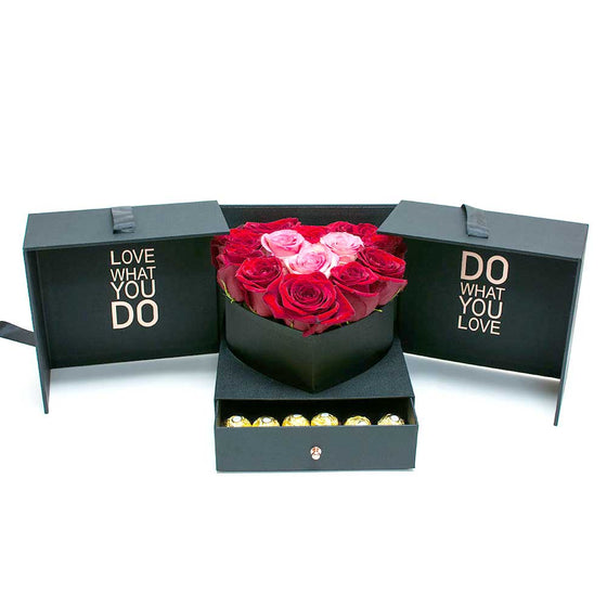 Square Flower Box with Heart Shape Container and Drawer Enclosed With Liners And Foams